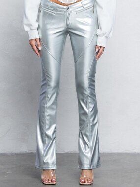 V-Cut vegan Leather Boot-Cut Pants Low Rise Trendy Zipper Detail Pants